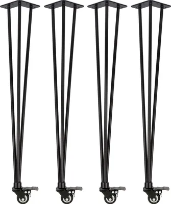 Four black hairpin legs with wheels are arranged in a row against a white background.