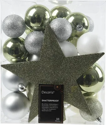 Produktbild von Weihnachtskugeln Kunststoff mit Christbaumstern 33er Set - Grün / Weiß Mix