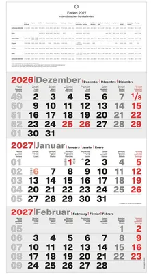 Produktbild von 3-Monatskalender 23,5x48,5cm Kalendarium 2027