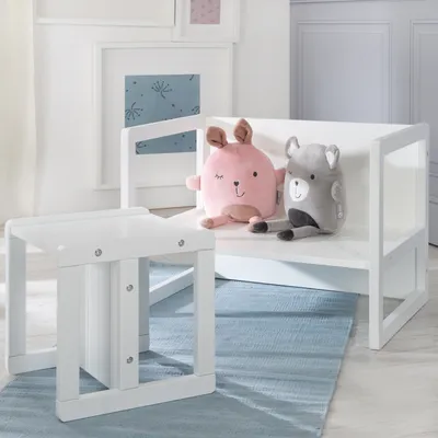 Immagine prodotto di roba gruppo di seduta per bambini in stile country, 2 sgabelli e una panca per bambini trasformabile in tavolo, bianco