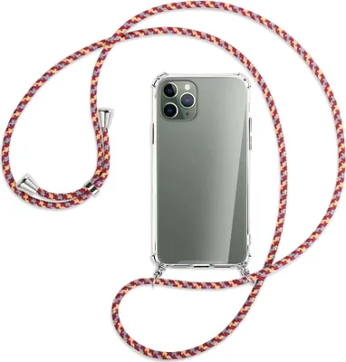 Produktbild von Handykette Backcover-Schutzhülle mit Band (Metall silberfarben) für Apple iPhone 11 Pro - weinrot/gelb/grau