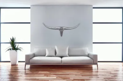 Produktbild von FineBuy Deko Geweih Bull M FB37875 Silber 100 cm Aluminium Hörner Wanddekoration Stierkopf Horn Modern Wandskulptur Geweih-Jagdtrophäe Metall Longhorn