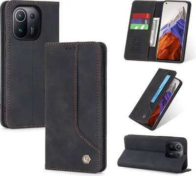 Produktbild von Xiaomi Mi 11 Pro Hülle, LaimTop Retro Kunstledertasche Schutzhülle mit Kartenfach Standfunktion für Xiaomi Mi 11 Pro Schwarz