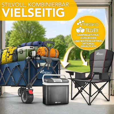 Produktbild von TRESKO® Bollerwagen faltbar 300L mit Bremse Blau | Handwagen klappbar 150kg inkl. Vollgummireifen | Faltbarer Strandwagen mit Extra Breite All-Terrain-Räder | Gartenwagen Transportwagen mit Tragetasche