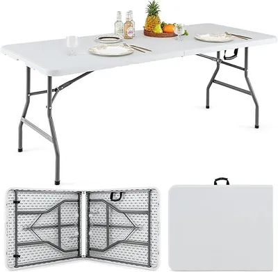 Produktbild von Gartentisch 180x75cm, Campingtisch klappbar, Klapptisch mit HDPE-Tischplatte & Tragegriff, Balkontisch für 6-8 Personen, Partytisch, Buffettisch für Garten, Terrasse und Balkon (Weiß)