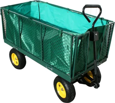 A green garden wagon with yellow wheels is shown against a white background.