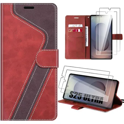 Image de Coque + 2 Verres Trempés pour Samsung Galaxy S25 Ultra, Anti-Rayures Antichoc Synthécuir Rouge