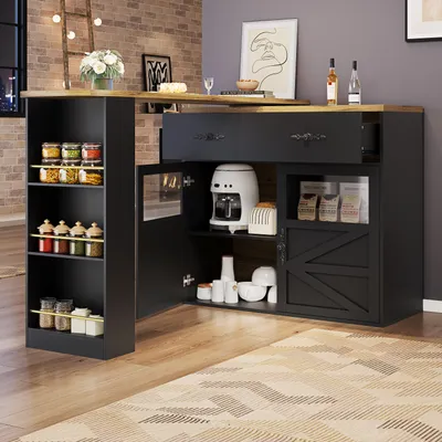 Image de OKWISH Table De Bar Extensible Pivotante 360° avec Étagères De Rangement, MDF, 138-204x39x104 cm - Noir