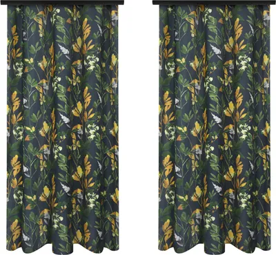 Two identical curtains with a leaf pattern are displayed side-by-side against a white background.