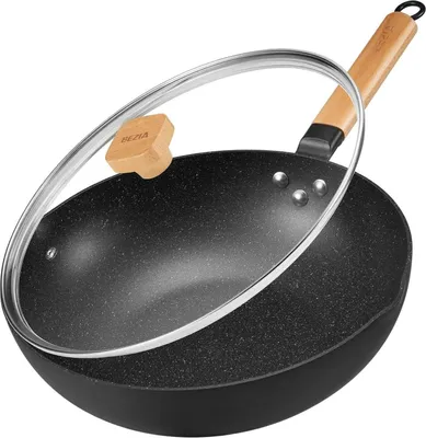 Image de poêle à induction pour wok de 30 cm avec revêtement en granit et poignée en bois amovible