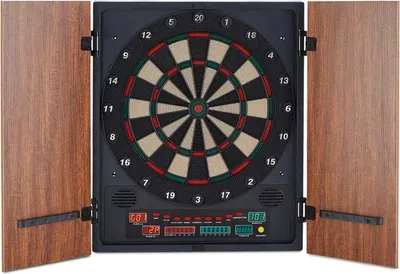 Obrázek produktu pro klarfit Dartmaster 180, hnědý, terč na šipky, šipkový automat, měkký hrot, dvířka