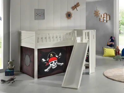 Produktbild von VIPACK - Spielbett SCOTT, LF 90 x 200 cm, mit Rolllattenrost, Rutsche, Leiter und Textilset "Caribian Pirate", weiß lackiert