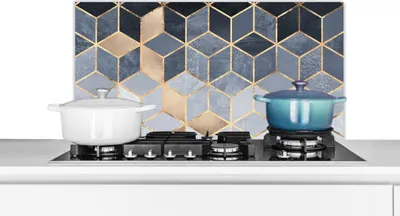 Produktbild von KitchenYeah®  Spritzschutz Küche - Küchenrückwand - Wandschutz für Herd und Spüle - Würfel - Gold - Muster 90x45 - Alu-Dibond (Alternative zum Spritzschutz aus Glas) - Hitzebeständig - Herdspritzschut