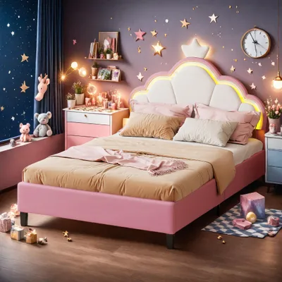 A child's bedroom decorated with a starry night theme and a princess-inspired bed.