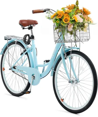 Productafbeelding van Cruiserfiets voor het strand met mand, 66 cm banden, 1 versnelling, lichtblauw, ideaal om te fietsen