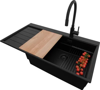Produktbild von PRIMAGRAN Granitspüle Alles Schwarz 90x50cm, Spülbecken 1 Becken + Ablauf-Set + Küchenzubehörset, Küchenspüle ab 60er Unterschrank - Sydney