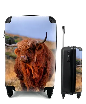 Produktbild von MuchoWow® Koffer Handgepäck Trolley Rollkoffer Kleine Reisekoffer mit 4 Rollen - Schottische Highlander - Gras - Steine - Cabin Size < 55x40x23 cm & 55x40x20 cm - Fotokoffer - Kabinenkoffer - Boardgepäck - Reise-Box - Reisekoffer - Reisegepäck - Koffer mit Bild - Trolley für Kinder