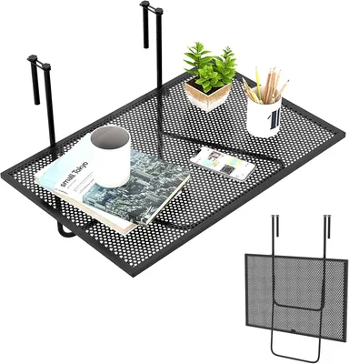 Produktbild von KOMFOTTEU Balkonhängetisch zum Einhängen, klappbarer Servicetisch, Balkontisch 60,5 cm x 48 cm (L x B), bis 20/23 kg belastbar, Hängetisch aus Metall, Schwarz (Nicht höhenverstellbar)