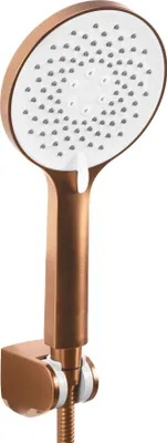 A copper-colored shower head with a white faceplate, mounted on a wall bracket.