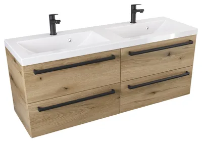 Produktbild von ATHD 120 cm DUO Wandhängender Waschtischunterschrank mit Waschbecken - Evoke  Matt Eiche - Mattschwarze Griffe