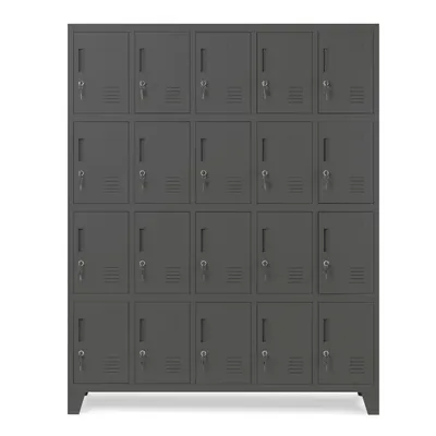 A full frontal view of a metal locker unit with 20 compartments.