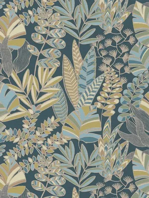 Produktbild von Vliestapete im Dschungelstil mit Glanzeffekt – Blau, Gold, Grün