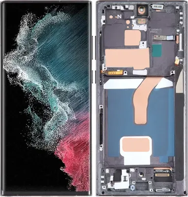 A split image showing the front display and the internal components of a smartphone.
