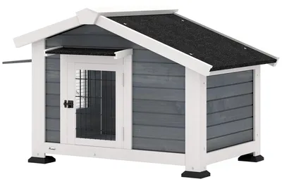 Produktbild von Hundehš¹tte fš¹r den Au?enbereich, erh?hter Gartenunterstand, herausnehmbarer Boden, Tš¹rvordach und wasserdichtes Dach, 98 x 76 x 69,5 cm, Grau