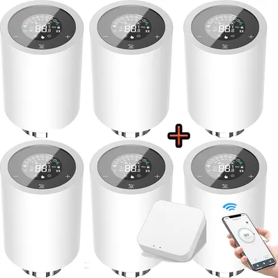 Obrázok produktu pre 6x inteligentné termostaty na radiátory, programovateľný ventil na radiátor, ovládanie cez aplikáciu, kompatibilné s Alexa a Google Assistant, detská poistka, termostat na kúrenie (biely) + brána