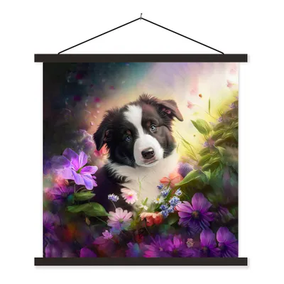 Produktbild von MuchoWow® Textilposter Welpe - Sonne - Blumen - Natur - Border Collie - Hund 120x120 cm mit schwarzem Rahmen - Aufhängungsset