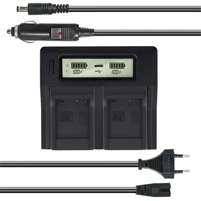 Produktbild von Dual Akku-Ladegerät kompatibel mit Panasonic DMW-BCG10E, DMW-BCF10, DMW-BCJ13E - mit USB-Anschluss, LCD-Display und Kfz-Ladekabel - Schnellladegerät