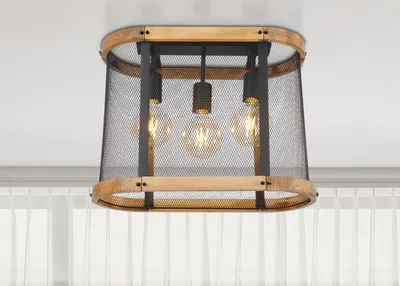 Produktbild von LED Deckenleuchte mit Drahtgeflecht Lampenschirm & Holz