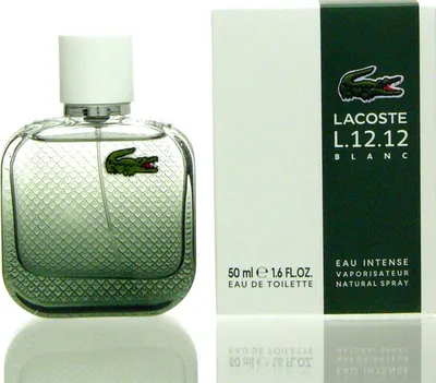 A bottle of Lacoste L.12.12 Blanc Eau Intense EDT and its packaging are displayed against a white background.
