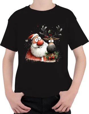 Produktbild von Weihnachtsmann Rentier Rudolph lustig Weihnachten Geschenk Uni Kinder T-Shirt, Schwarz, 140