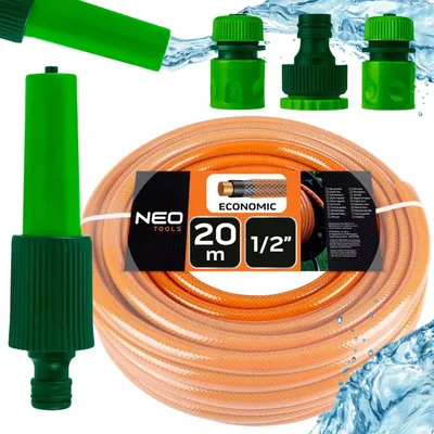 Produktbild von NEO TOOLS 5 tlg. Set: Gartenschlauch (1/2 Zoll, 20 m, 4-lagig, 20 bar) + Wasserspritze + 3 Stück Anschluss Kit