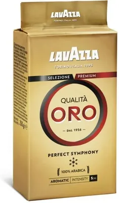 A product shot of a box of Lavazza Qualita Oro coffee.