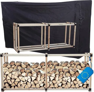 Produktbild von Kaminholzregal, Holzunterstand mit Abdeckung, stabiler Brennholzständer aus massivem Holz, Brennholzregal & Holzlager für Garten, Terrasse & Außenbereich, wetterfeste Schutzplane, 154x292x80 cm