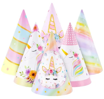 12 Einhorn-Partyhüte, Kegelhüte aus Papier, 6 Designs