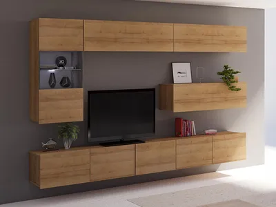 Produktbild von Wohnwand CALABRINI-4 Wohnzimmer-Set Hängewohnwand Schrankwand mit LED-Beleuchtung TV-Schrank Vitrine Moderne Anbauwand Hochglanz (Eiche Gold)