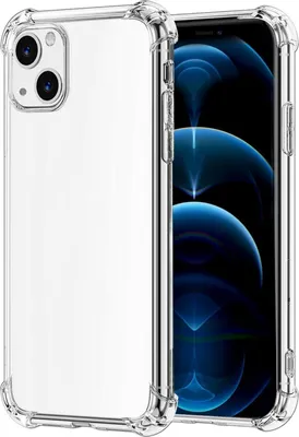 A clear, studio shot of a transparent phone case with reinforced corners, placed next to an iPhone.