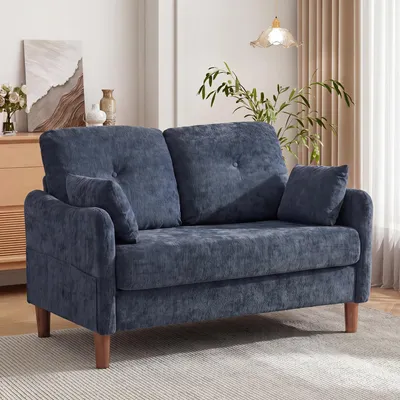 Image de Canapé Dyonery, modèle 2 places, petit, 124 cm. Petit canapé pour salon, en tissu chenille bleu