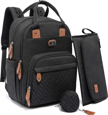Produktbild von Dikaslon Wickeltasche Rucksack – Großer Wickelrucksack mit viel Stauraum, Wickeltasche groß mit Schnullerhalter, Wickelauflage & Kinderwagengurten – für Mama & Papa (Schwarz, Einheitsgröße)