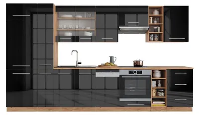 Produktbild von Küchenzeile Vicco Fame-Line Anthrazit Hochglanz/Goldkraft Eiche 355 cm ohne Arbeitsplatte, Model 38686