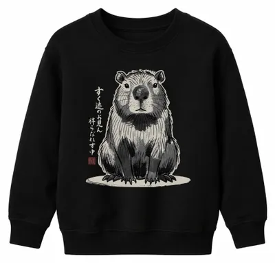 Imagen del producto de Sudadera con cuello redondo para niños, estilo japonés, con dibujo de capibara en técnica sumi-e, diseño Y2K, color , talla 128
