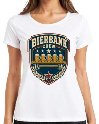 Zdjęcie produktu dla Koszulka damska na imprezę, biała, rozmiar L, motyw: , Bierbank Crew, Stammtisch, Masskrug, Lederhose, Dirndl, JGA