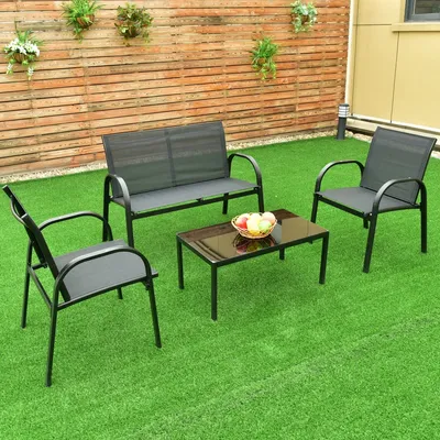 Produktbild von GOPLUS 4er Set Sitzgruppe Textilene, Gartengruppe aus Stahl & Glas, Gartensessel-Set Gartenlounge, 2 Einzelstuhl & 1 Doppelstuhl & 1 Couchtisch, für Garten Balkon Terrasse