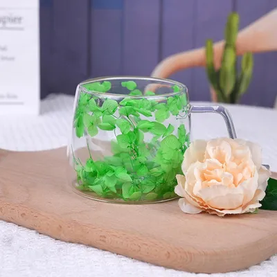 Immagine prodotto di Bicchieri doppi isolati con manico, capacità 200 ml, fiori secchi, tazze da cappuccino, tazze da caffè, colore verde