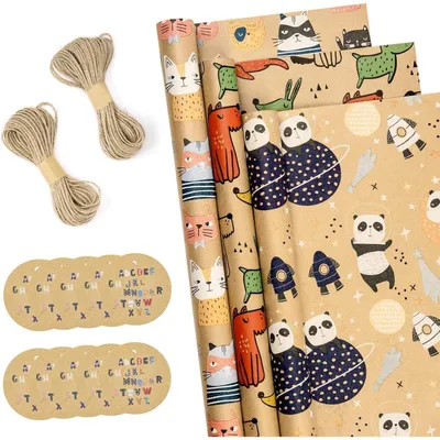 Productafbeelding van Geprinte cadeaupapierrollen met bijpassende cadeaulabels en jutesnoer, 3 rollen, 43 cm x 3 meter, kraftpapier, dierenprint