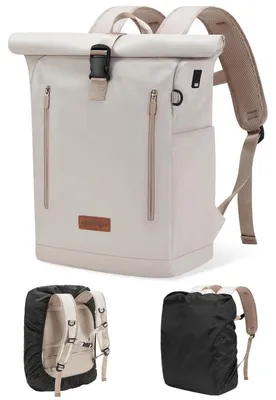 Produktbild von Rolltop Rucksack 24-30L Laptopfach 17 Zoll USB wasserabweisend mit Regenhülle Creme Beige