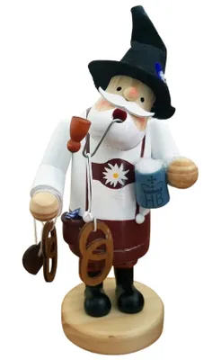 Räuchermännchen Bayer trägt schwarzen Hut, ein weißes Hemd, braune Lederhosen und eine Lodenjacke.